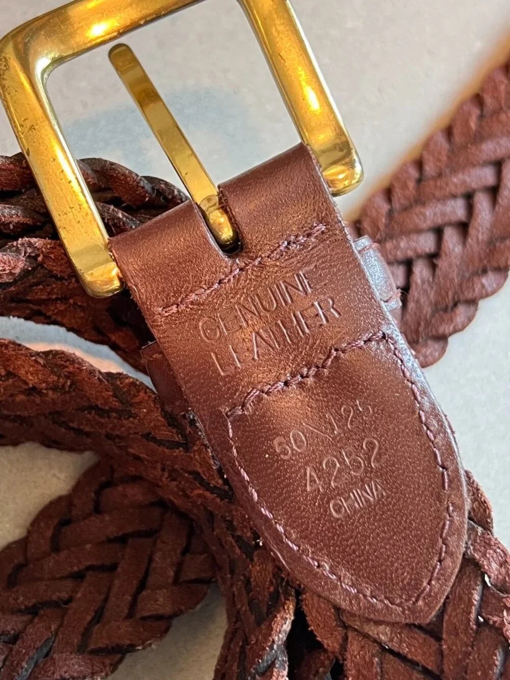 Unisex Genuine Leather Braided Woven Belt Brown Gold-Tone Buckle, 50x125 cm
